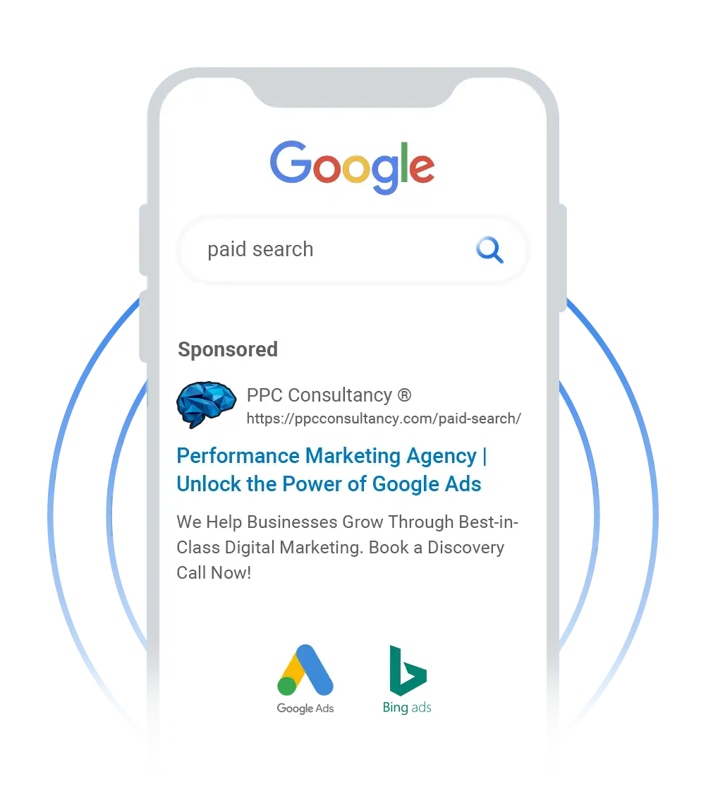 Mobile screen showing a Pay-Per-Click sponsored result.